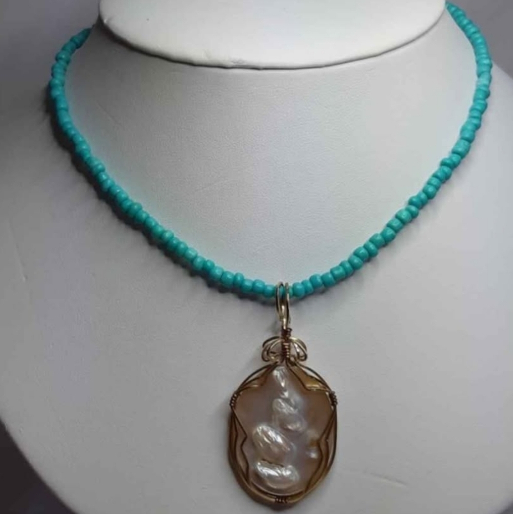 Wire Wrapped Genuine Pearl Pendant with Turquoise Glass Beads